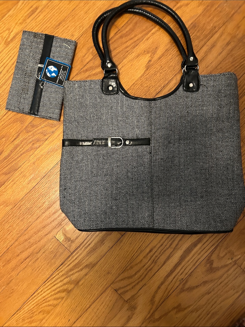 Gray Herringbone Women's Tote Briefcase with Black Trim